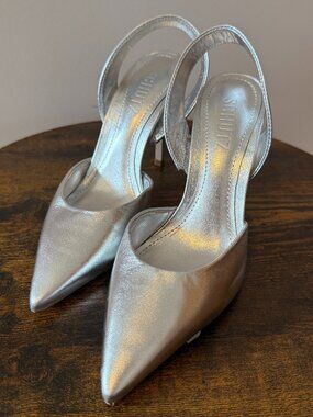 Schutz Lou Metallic Silver Pointed Toe Slingback Stiletto Heels (Size 5.5)
